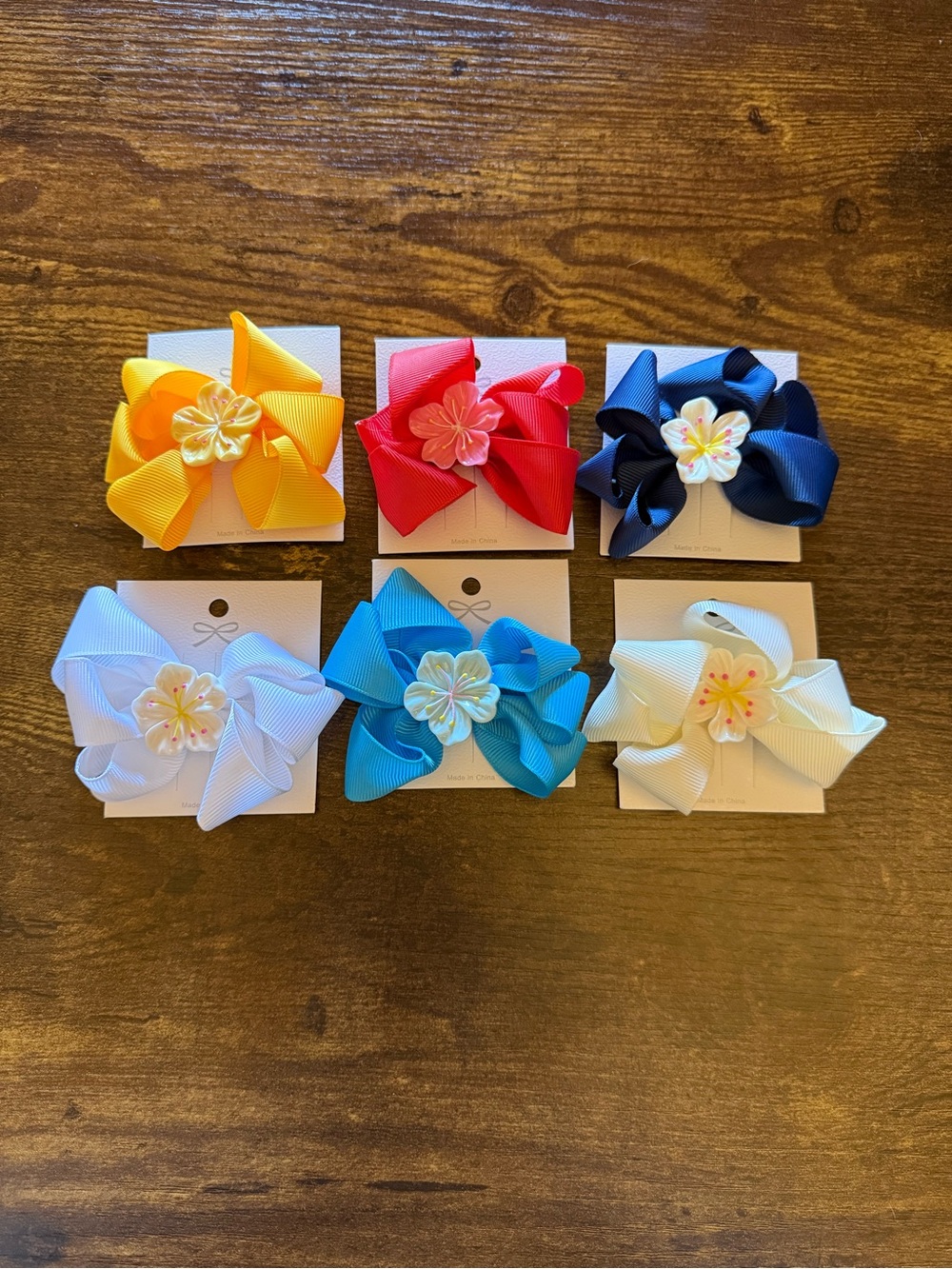 6 Pack Kids Floral Ribbon Hair Bow - Yellow, Red, Navy, White, Blue, Cream